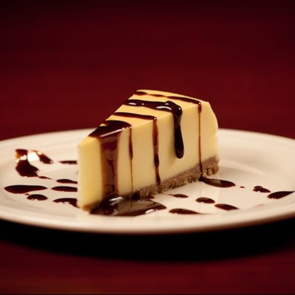 A slice of cheesecake with a graham cracker crust, drizzled with chocolate syrup on a white plate.