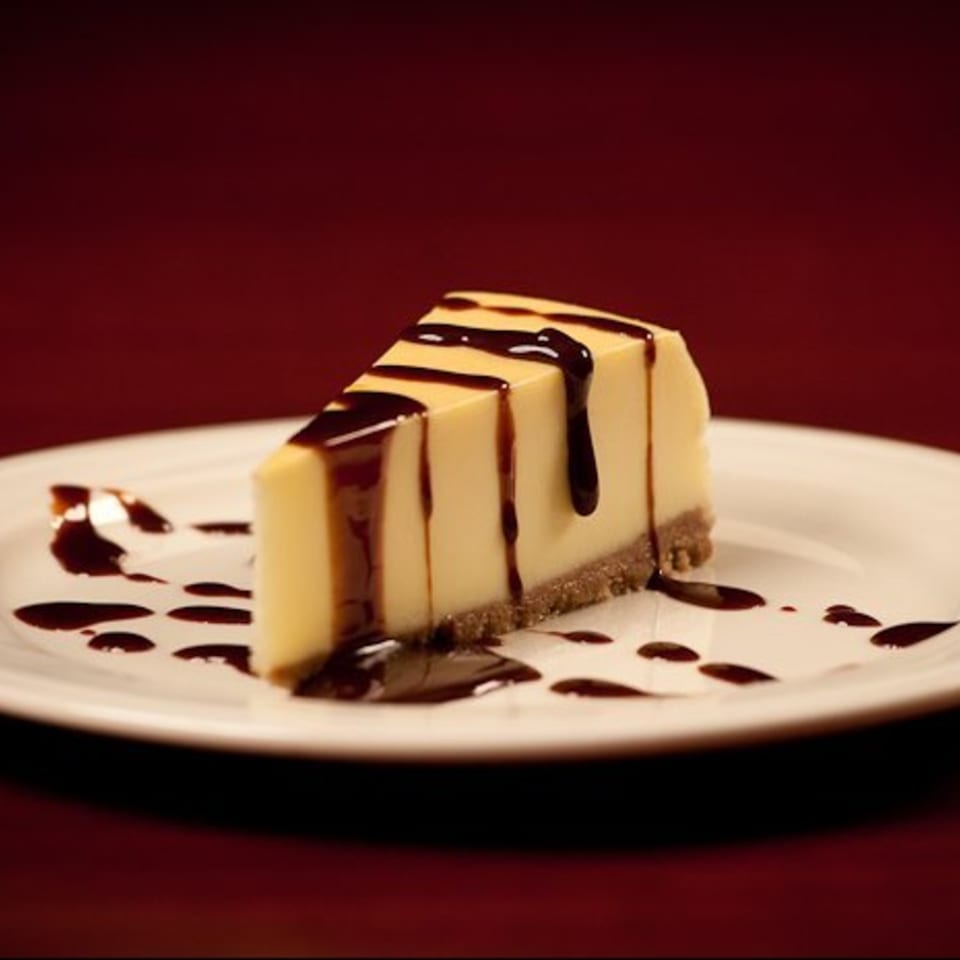 A slice of cheesecake with a graham cracker crust, drizzled with chocolate syrup on a white plate.